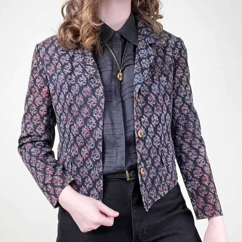 Vintage Hand Printed Floral Blazer Coat Suit Jacket Eclectic Boho Chic Bohemian
